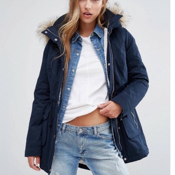 Hollister Heritage Sherpa Lined Parka Coat blue size XS - Picture 3 of 16